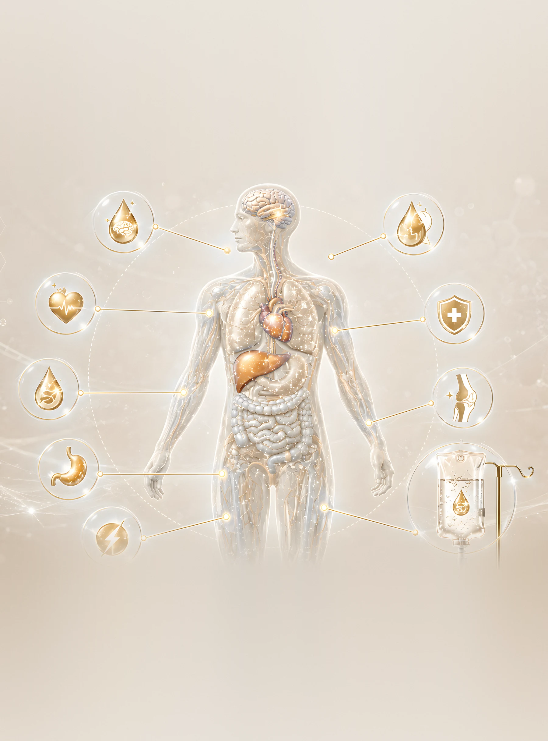 Illustration of the body systems IV therapy supports, with an infusion bag