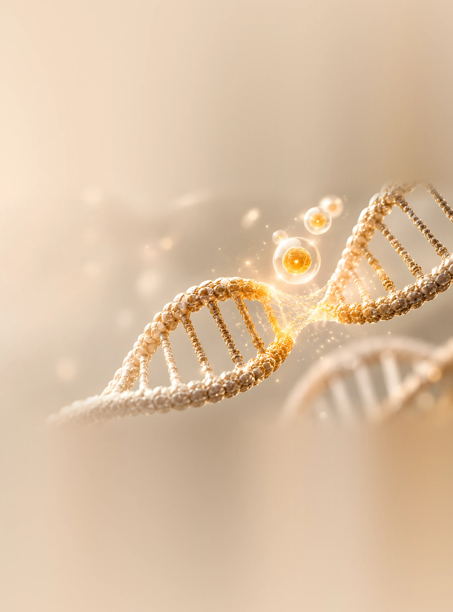 A golden DNA strand representing NAD+ and cellular energy